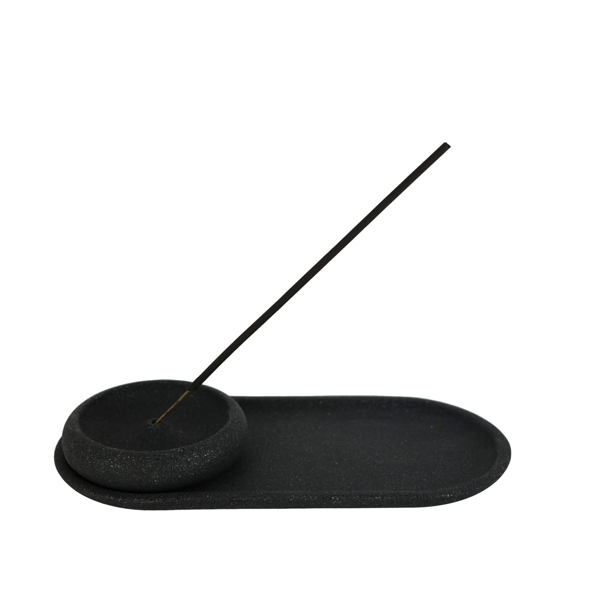 Black concrete tray with matching incense holder
