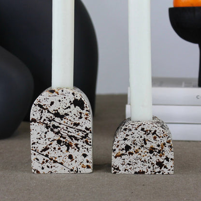 Brown and Cream Splattered Pattern Large and Small Arch Shaped Concrete Candle Holder