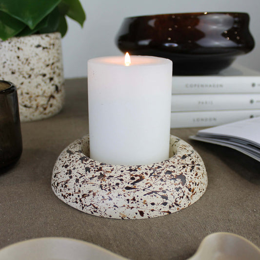 Brown and Cream Splattered Pattern Dome Shaped Concrete Pillar Candle Holder