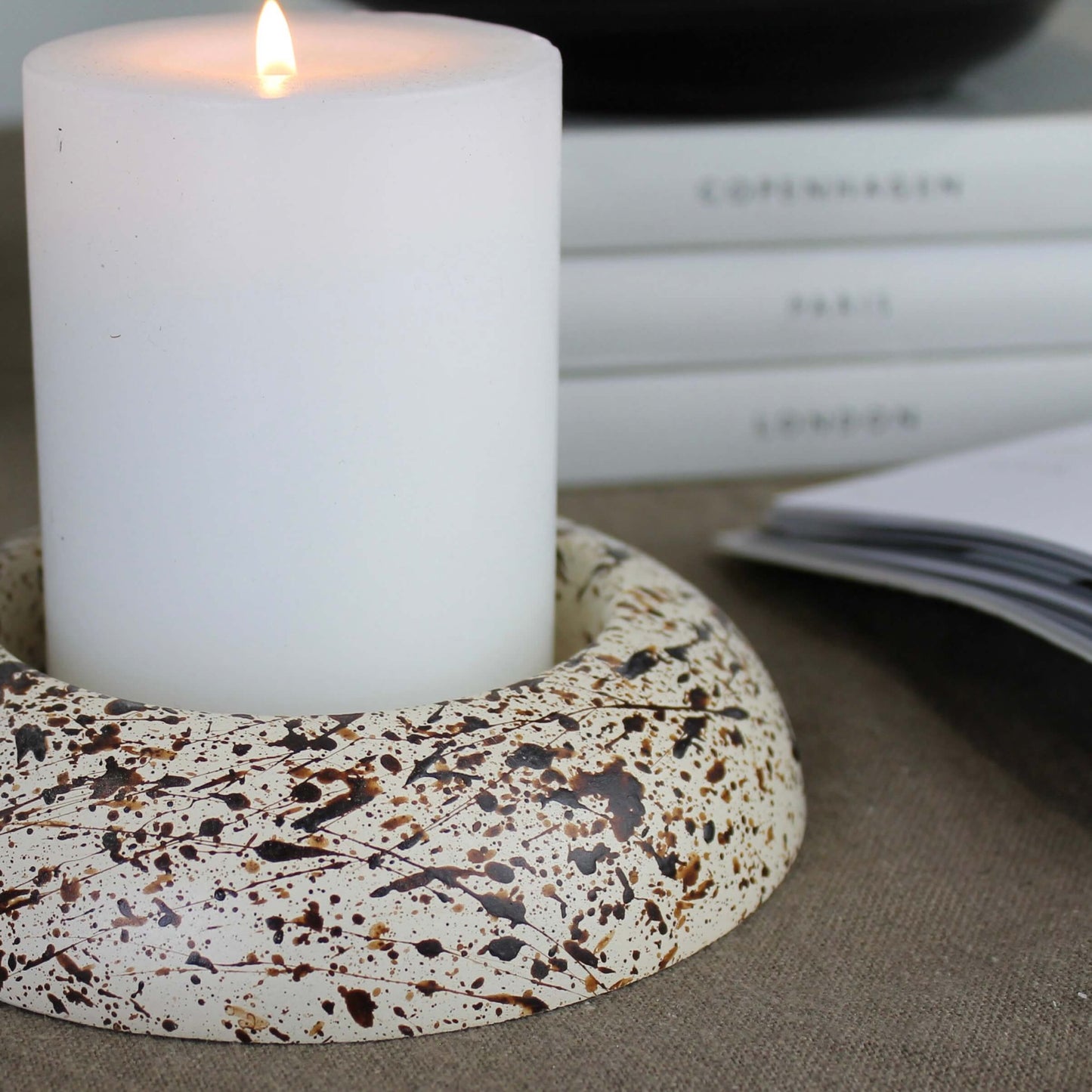 Brown and Cream Splattered Pattern Dome Shaped Concrete Pillar Candle Holder