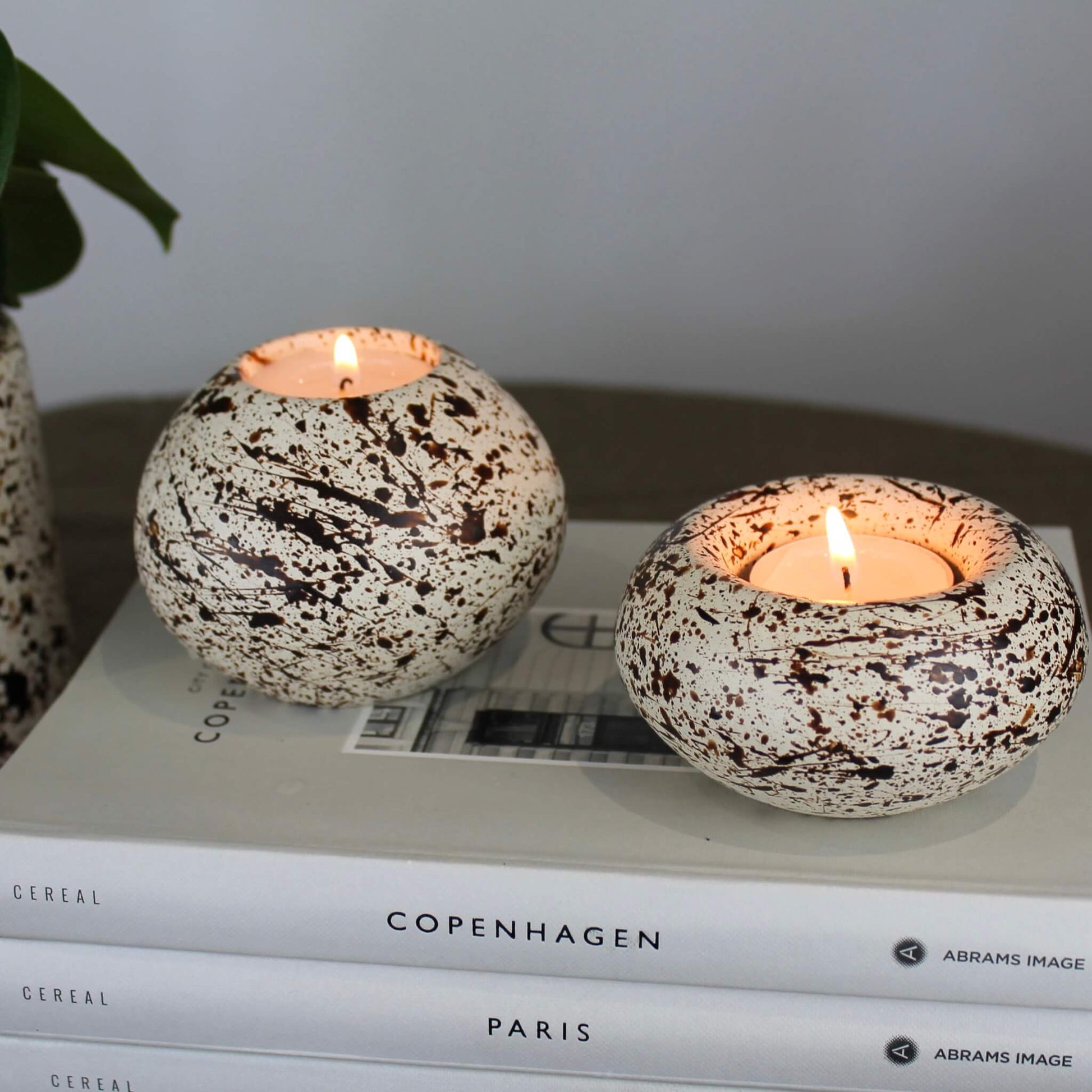 Brown and Cream Splattered Pattern Sphere Shaped Concrete Tealight Holders