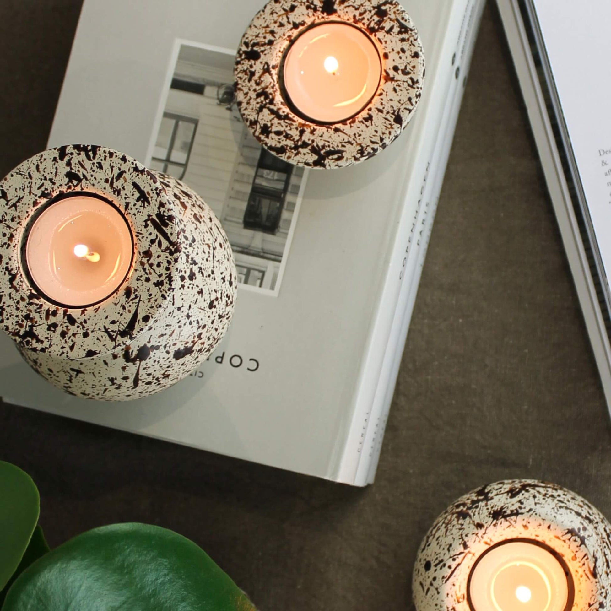 Brown and Cream Splattered Pattern Sphere Shaped Concrete Tealight Holders Stacked