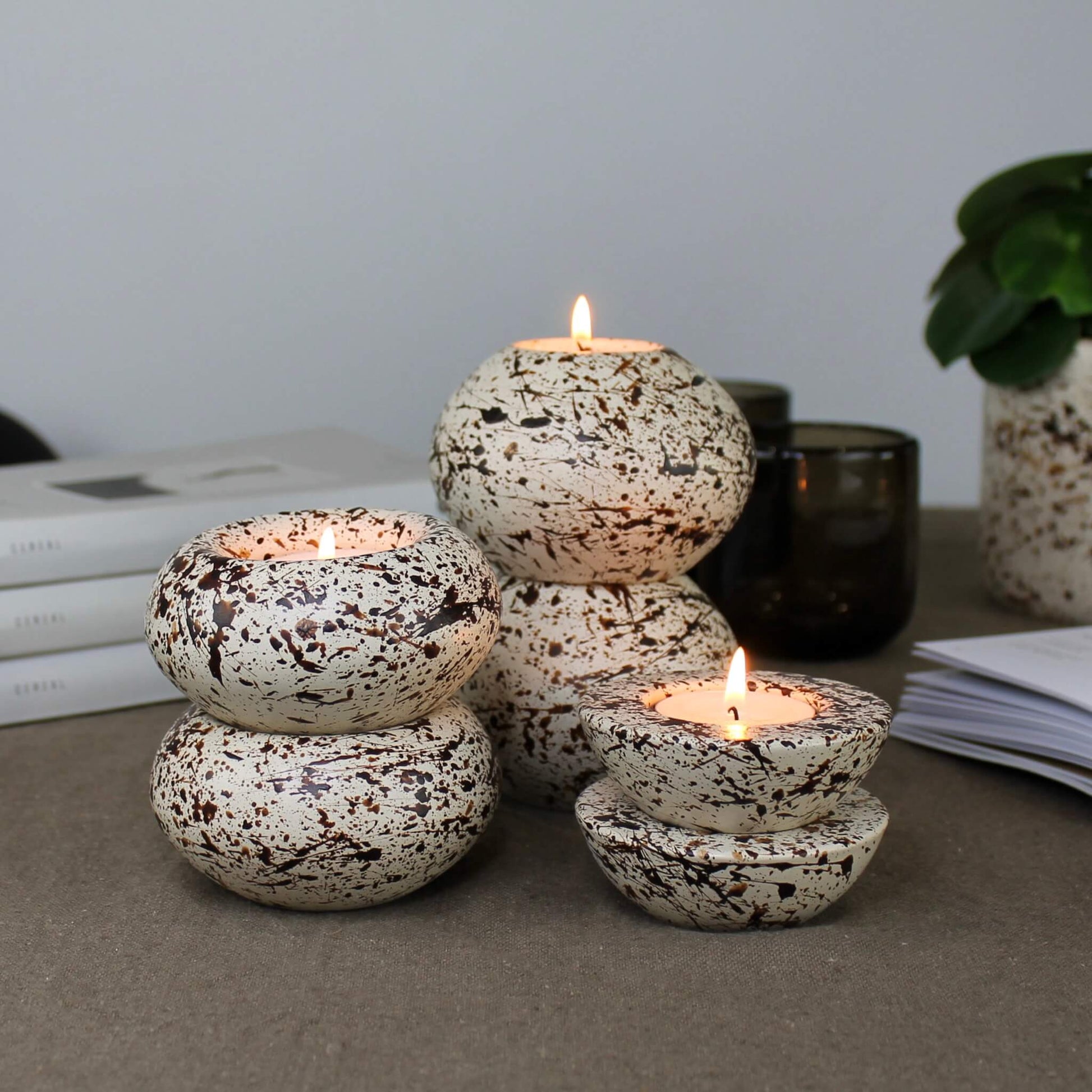 Brown and Cream Splattered Pattern Sphere Shaped Stacked Concrete Tealight Holders