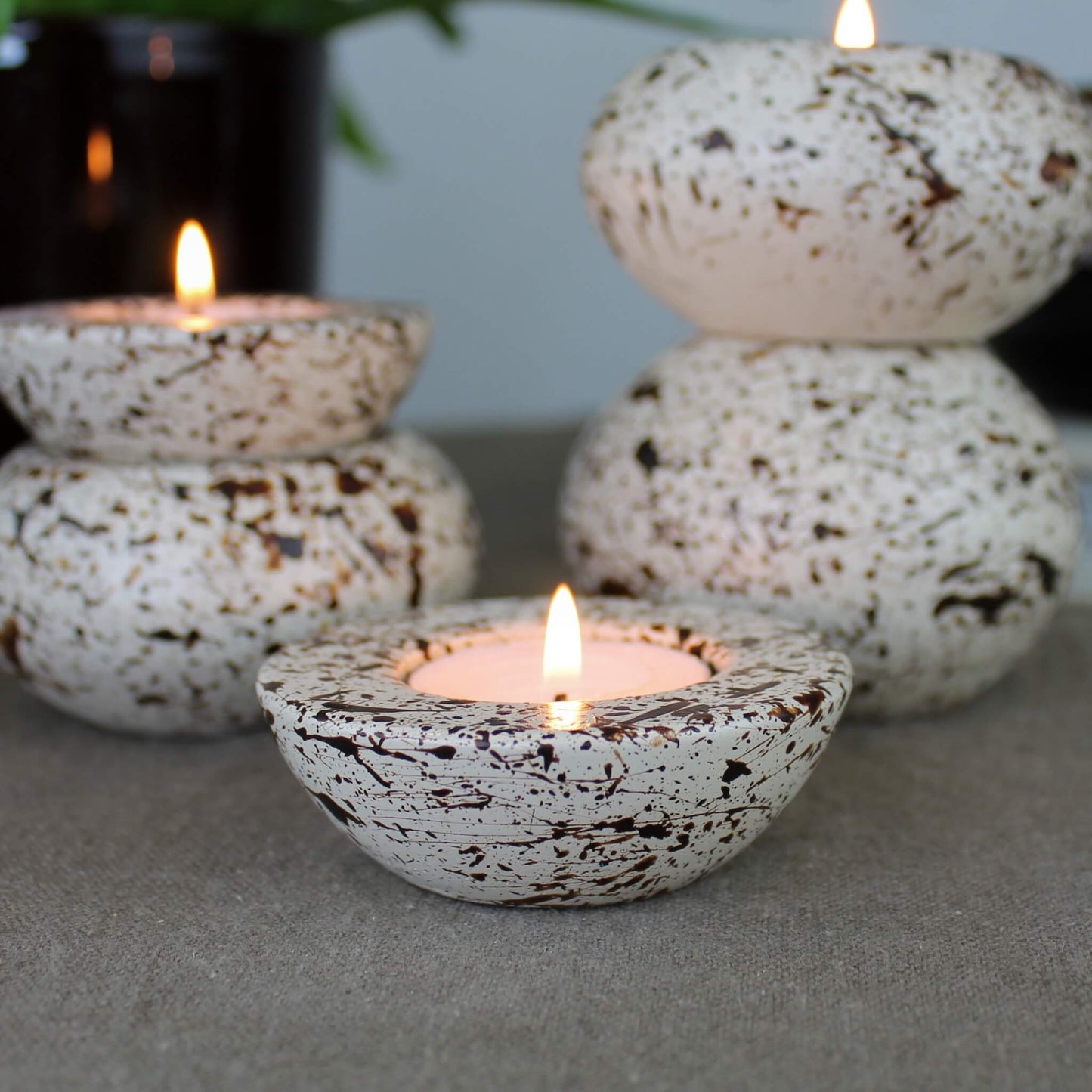 Brown and Cream Splattered Pattern Sphere Shaped Concrete Tealight Holders Stacked