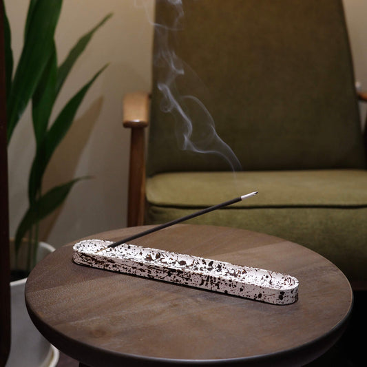 Brown and Cream Splattered Pattern Long Oblong Concrete Incense Holder