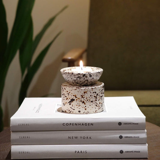 Brown and Cream Splattered Pattern Cylinder Concrete Tealight Holder
