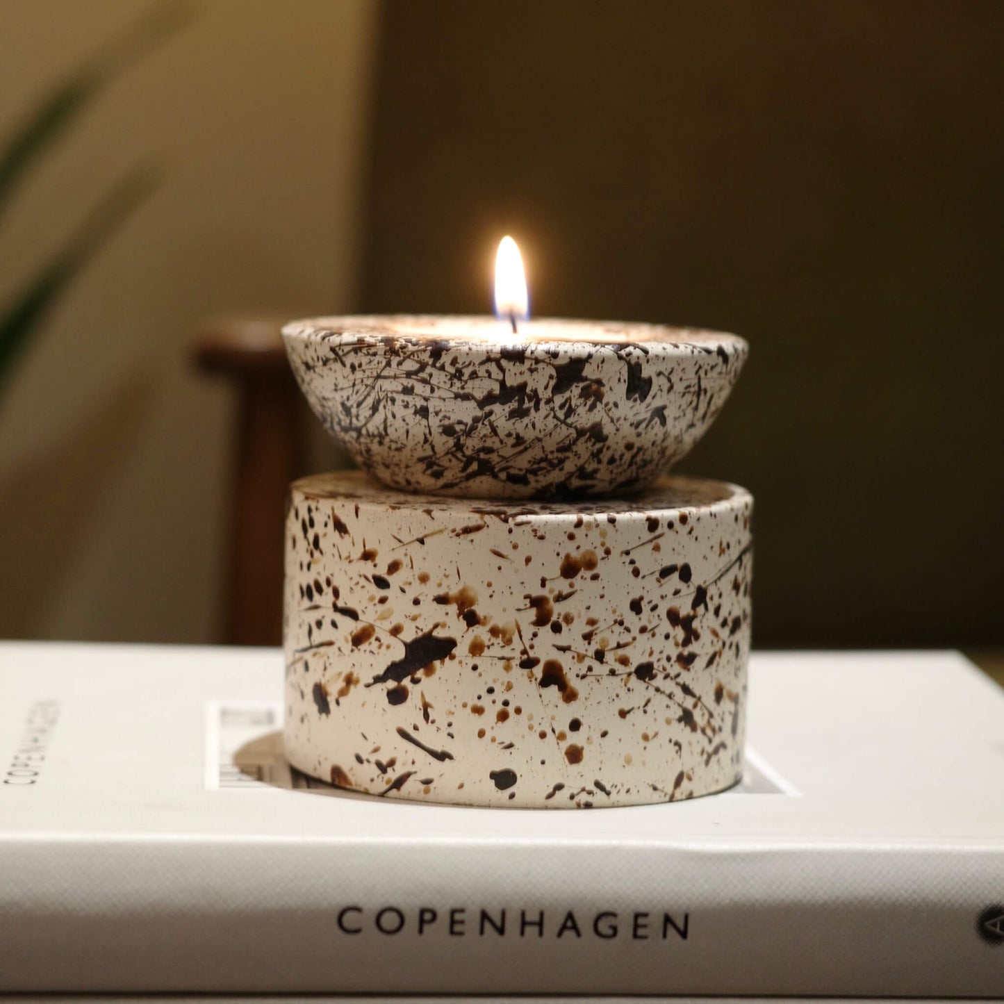 Brown and Cream Splattered Pattern Cylinder Concrete Tealight Holder
