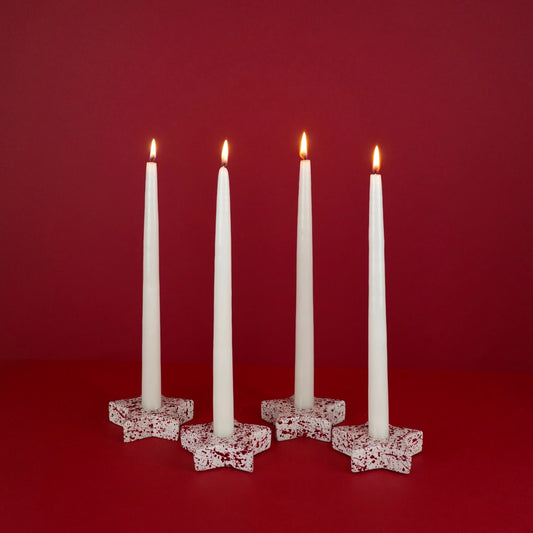 White Star Shaped Concrete Candleholders with Burgundy Paint Splattered
