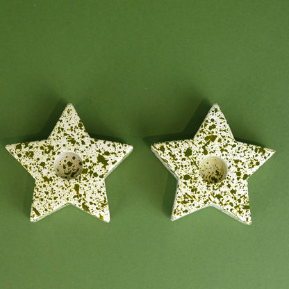 White Concrete Star Shaped Candleholder with Green Splatter Paint