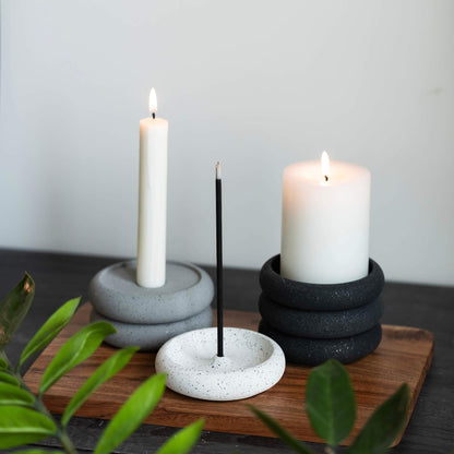 Black, Grey and White Jesmonite Stacking Incense Holder and Candle Holder