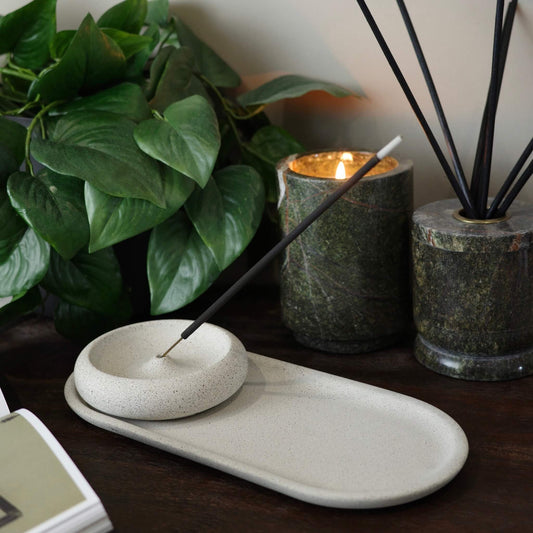 Beige concrete round incense holder with matching oblong tray