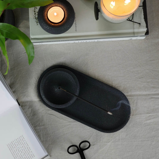 Black concrete round incense holder with matching oblong tray