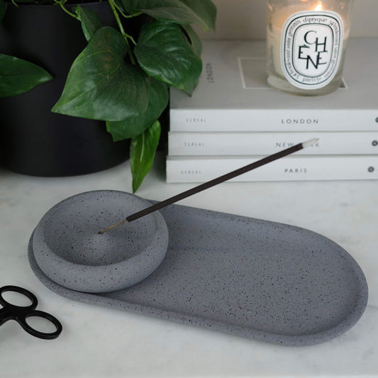 Grey concrete round incense holder with matching oblong tray