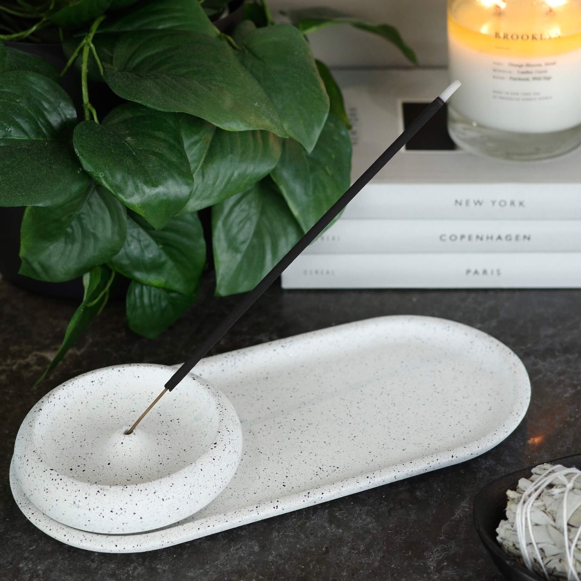 White concrete round incense holder with matching oblong tray