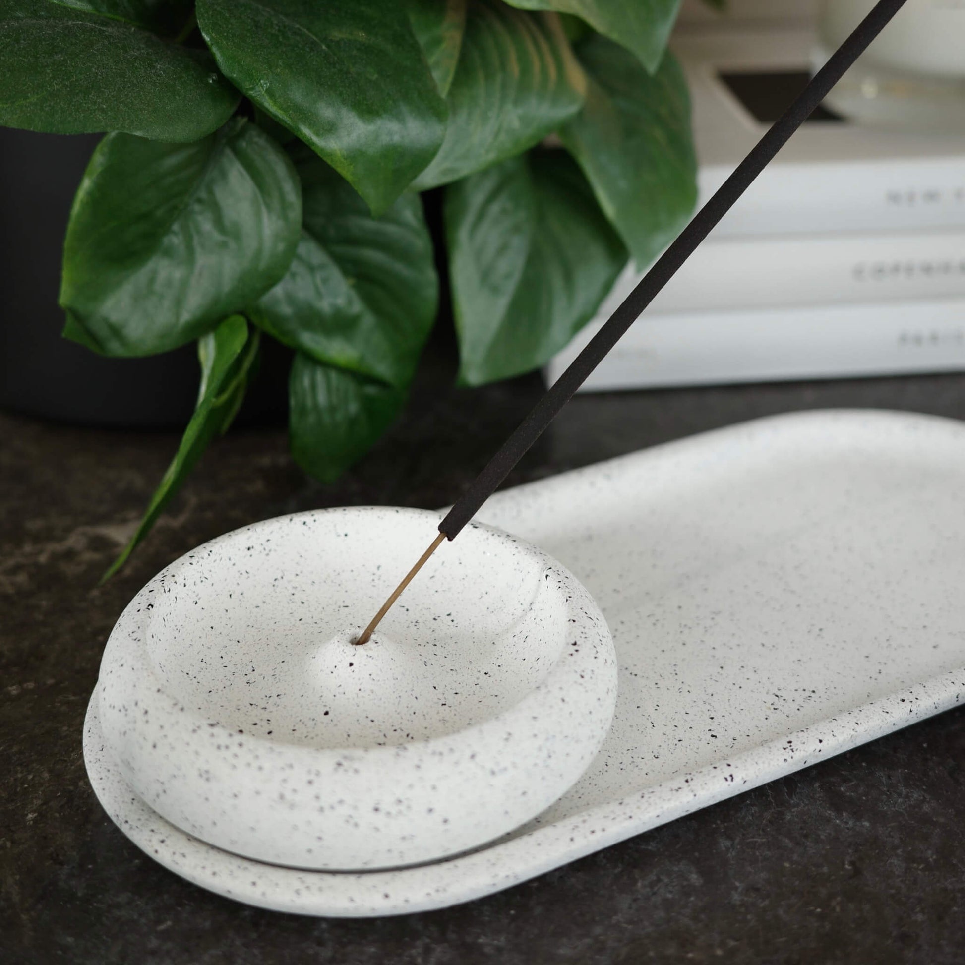 White concrete round incense holder with matching oblong tray